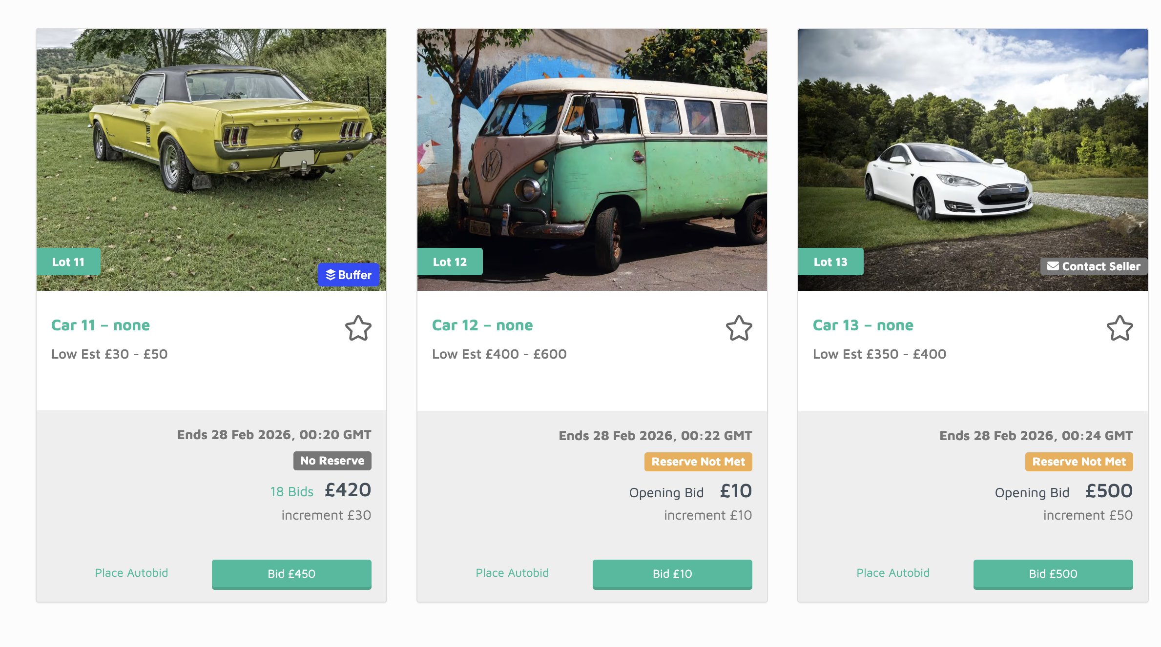 BidJS auction listing showing cars available for bidding